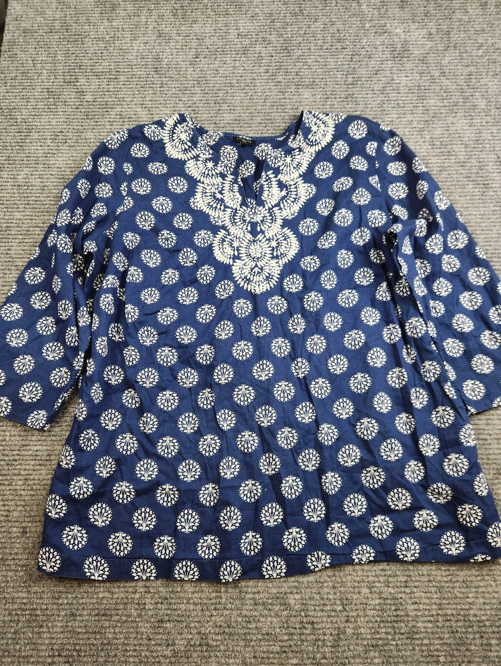 Talbots Tunic Top Womens 2X Blue Geometric Embroidered Gauzy Cotton V neck Boho
